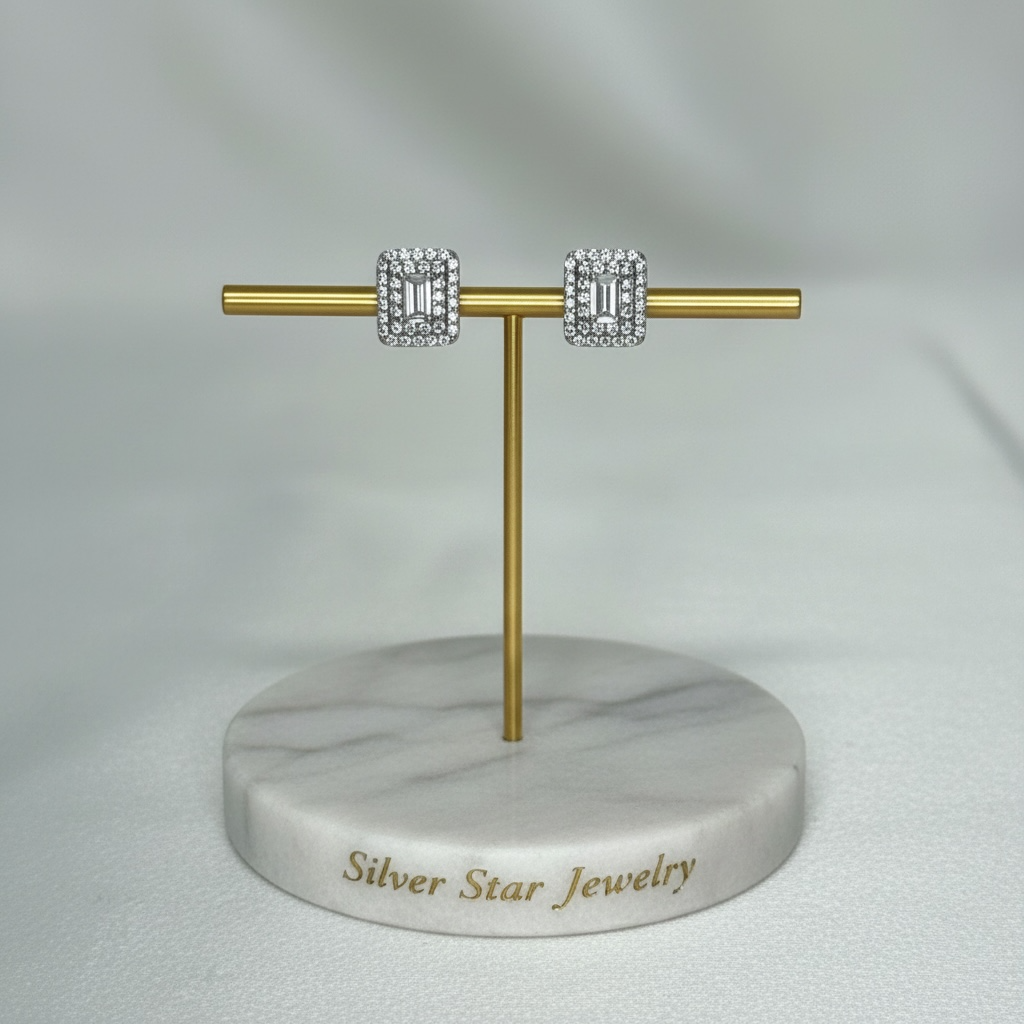 Aretes Topo Rectángulo Baguette con Halo de Zirconias