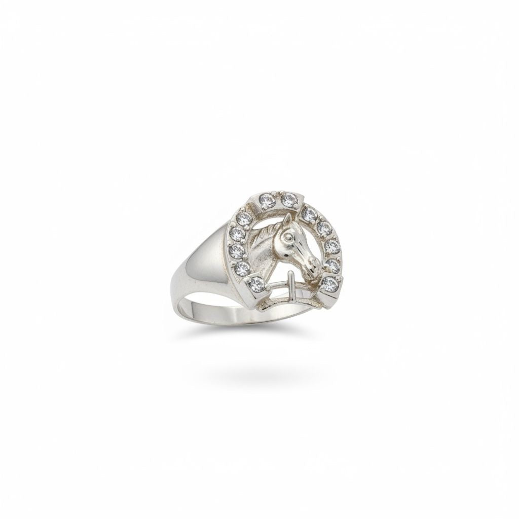 Anillo Sello Caballo Herradura Pavé Zirconias Talla 12