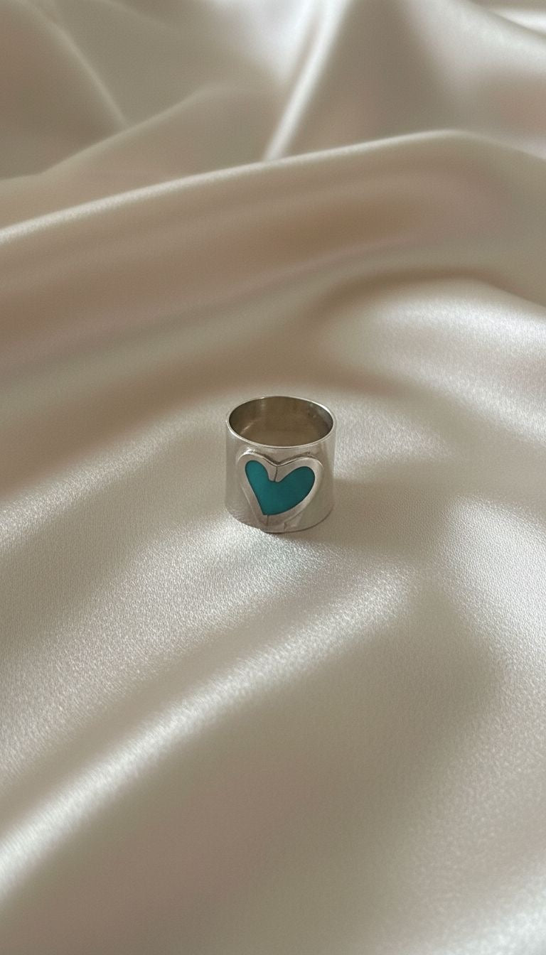 Anillo Banda Ancha Corazón Esmalte Turquesa Talla 7