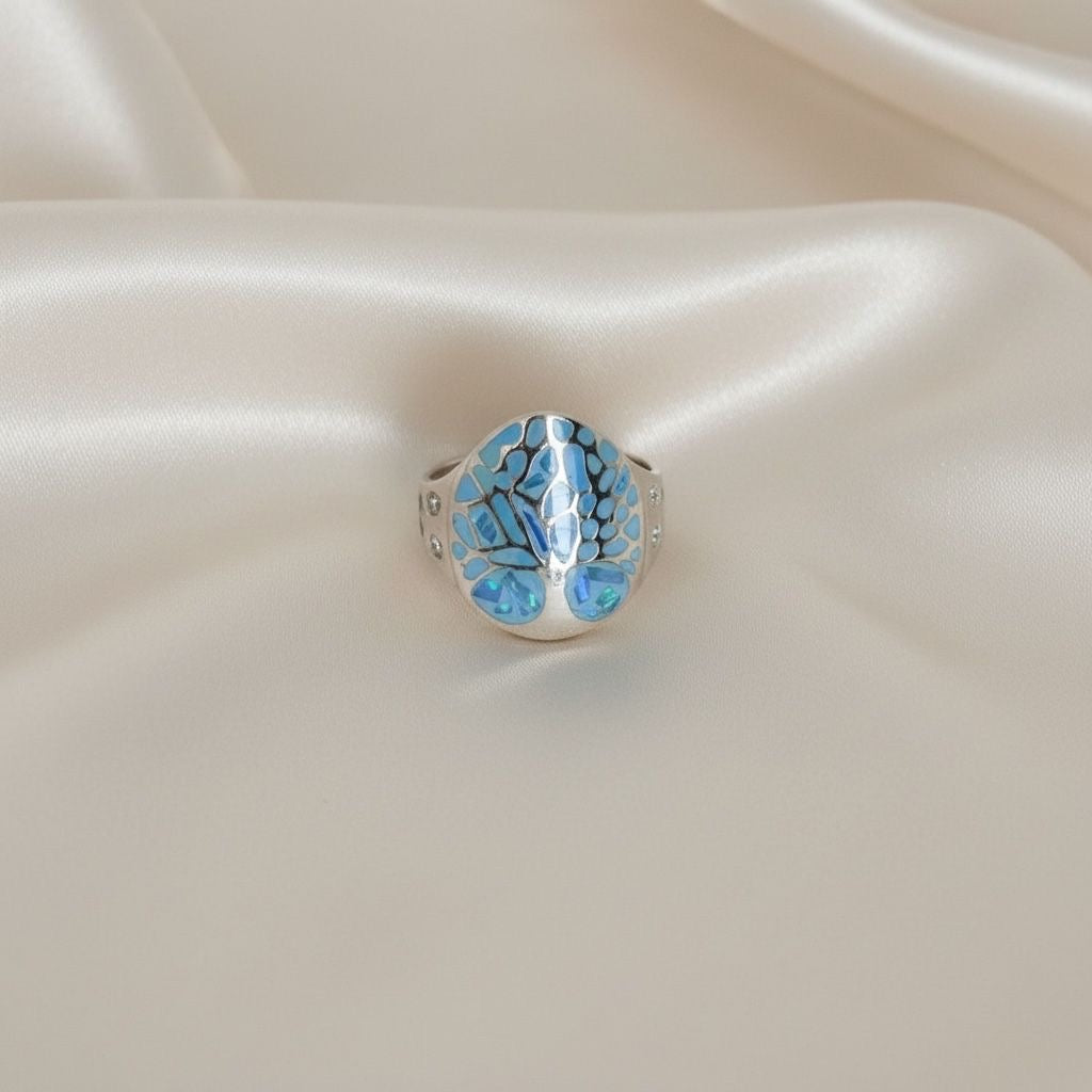 Anillo Sello Ovalado Mariposa Esmalte Azul Talla 8