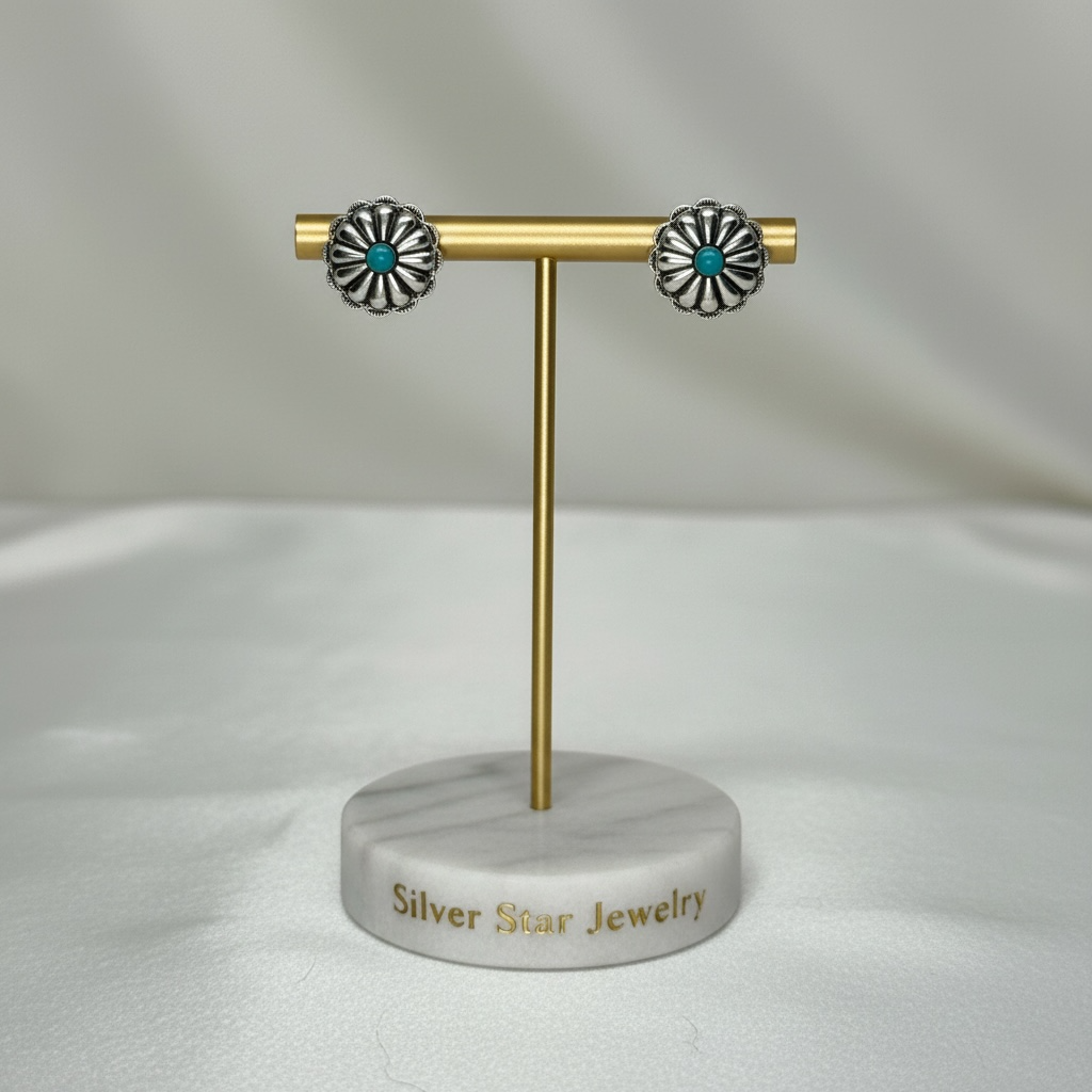 Aretes Topo Flor Concho con Turquesa
