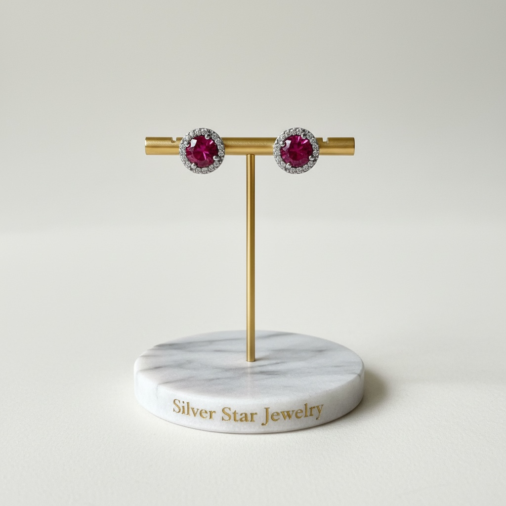 Aretes Topo Rubí Rosa con Halo de Zirconias