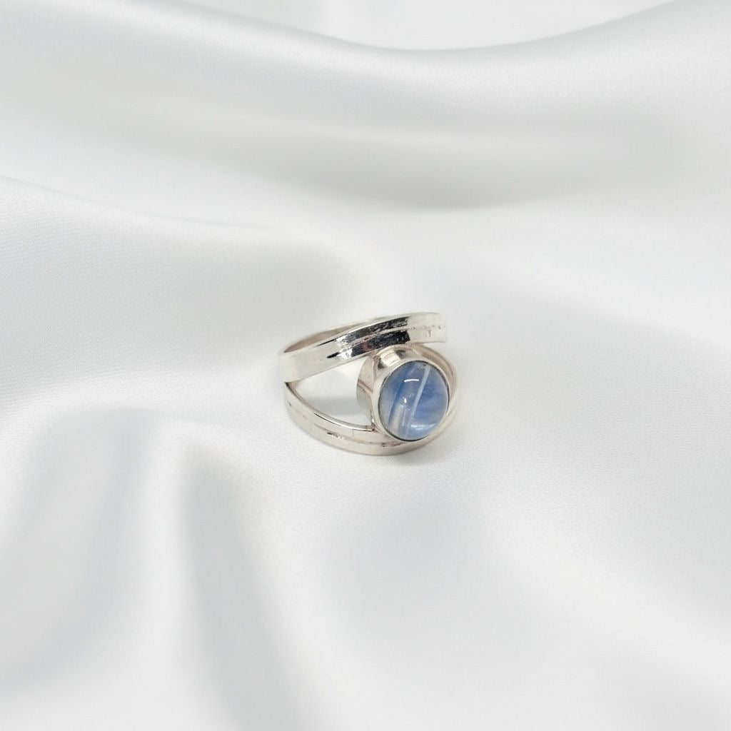 Anillo Piedra Natural Calcedonia Azul Cabochón Banda Doble Talla 7.5