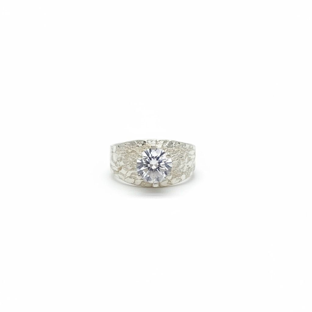 Anillo Sello Ancho Textura Nugget Zirconia Redonda Central Talla 8
