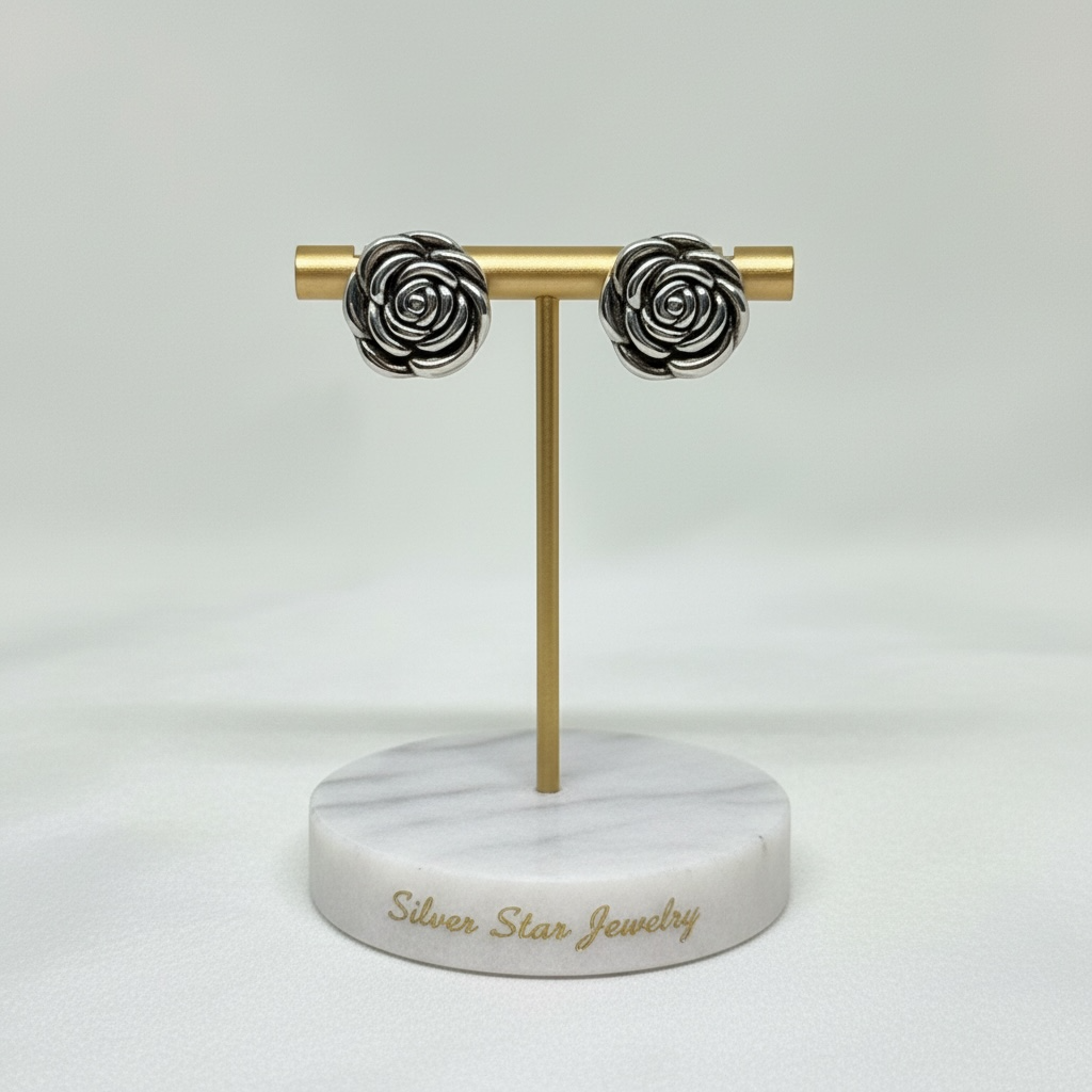Aretes Topo Rosa Tallada Plata Envejecida