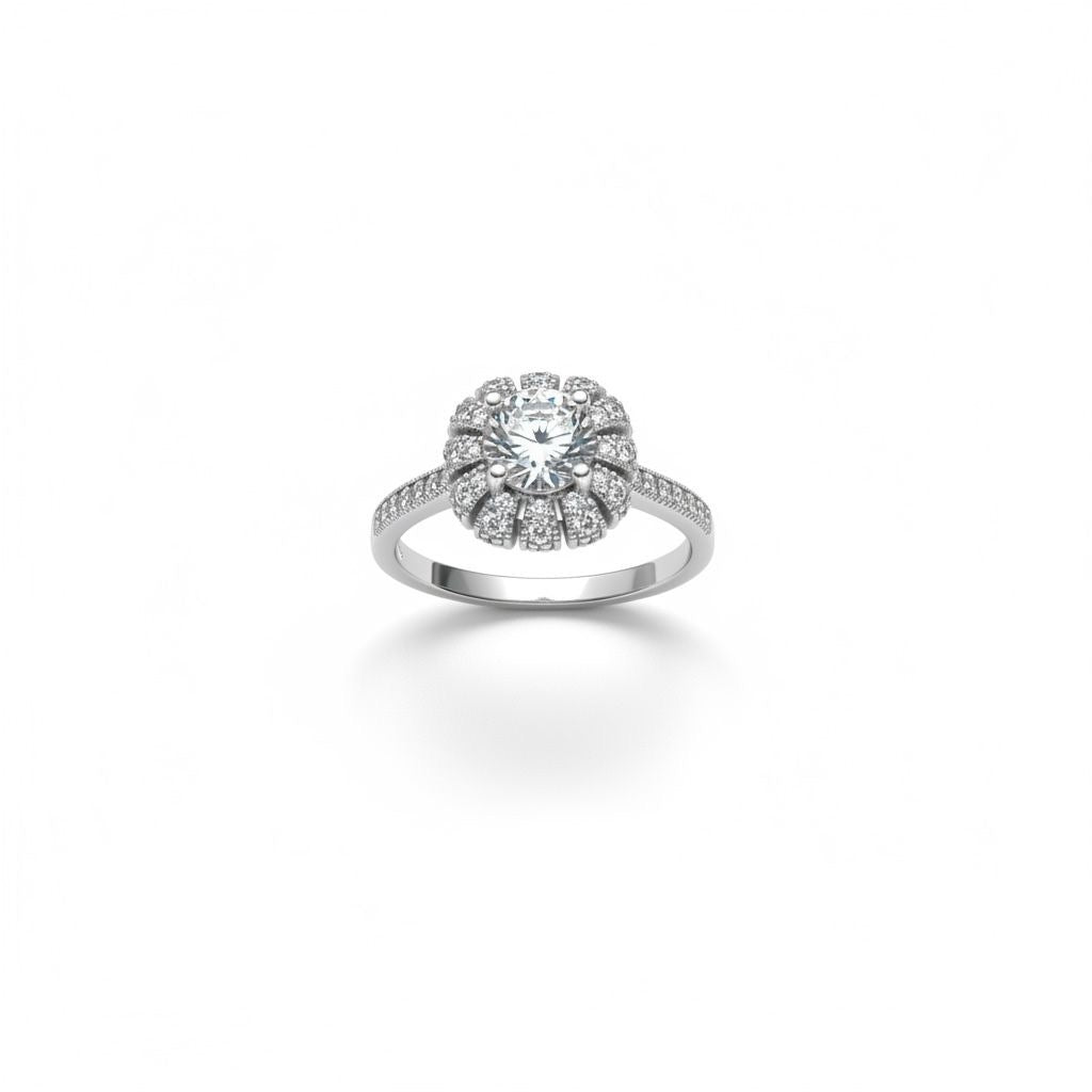 Anillo Solitario Halo Floral Art Decó Pavé Pétalos Banda Fina Talla 8.5