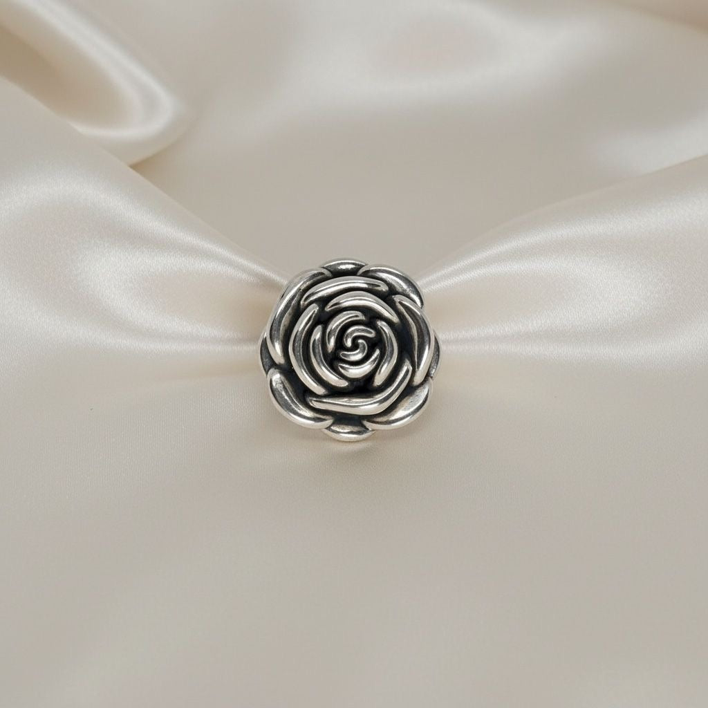 Anillo Rosa Grande Oxidada 3D Escultural Talla 7.5