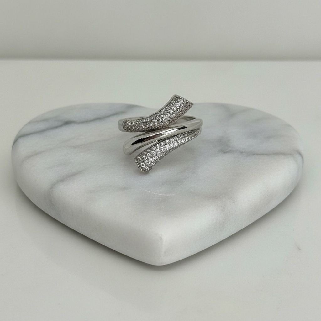 Anillo Abierto Bypass Doble Punta Pavé Cruzado Talla 8