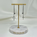 Aretes Colgantes Cadena Doble con Cruz y Zirconia
