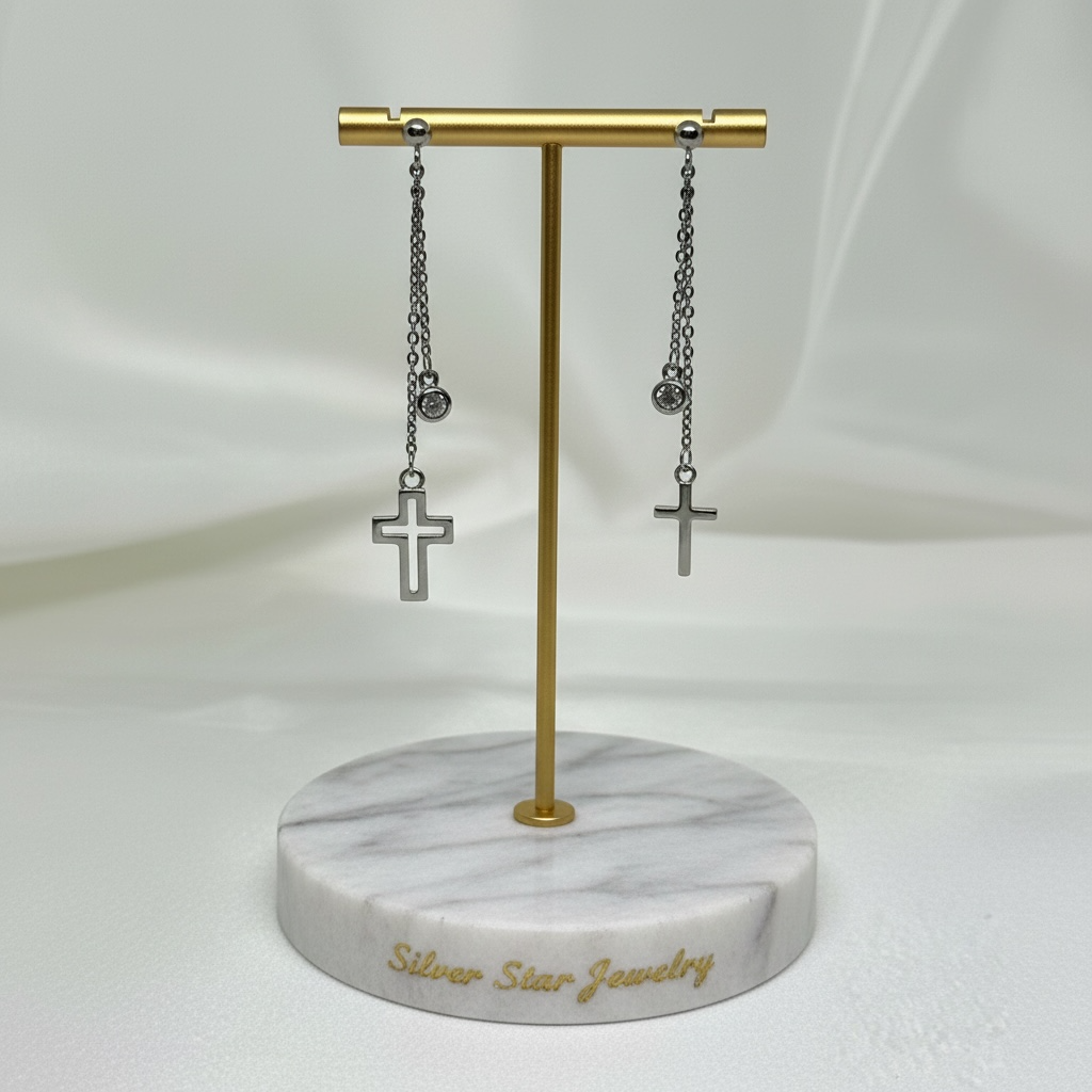 Aretes Colgantes Cadena Doble con Cruz y Zirconia