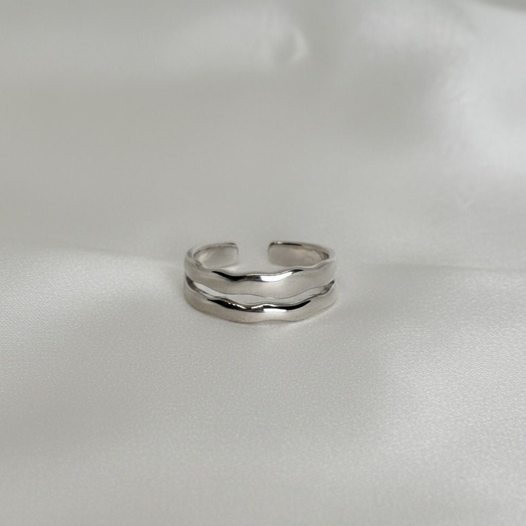 Anillo Doble Banda Ondulada Abierto Ajustable Plata 925
