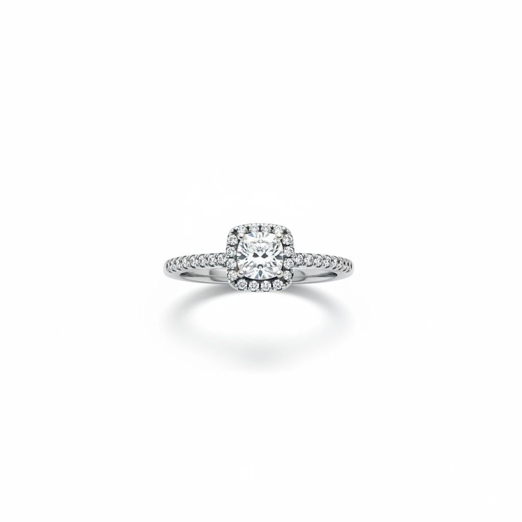 Anillo Solitario Cushón Halo Cuadrado Pavé Banda Fina Talla 8