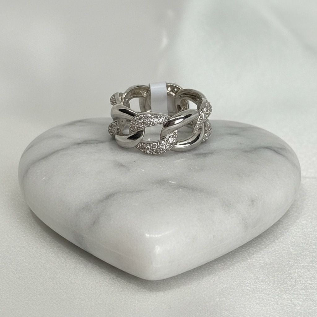 Anillo Cadena Grumetta Curb Ancha Pavé Alternado Eslabones Talla 8