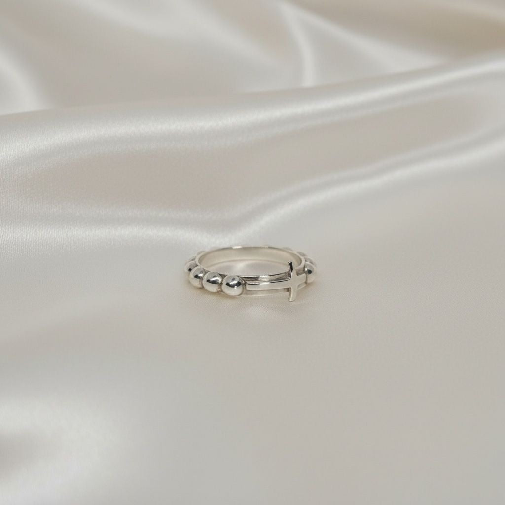 Anillo Cruz Delgada Bolitas Rosario Talla 9