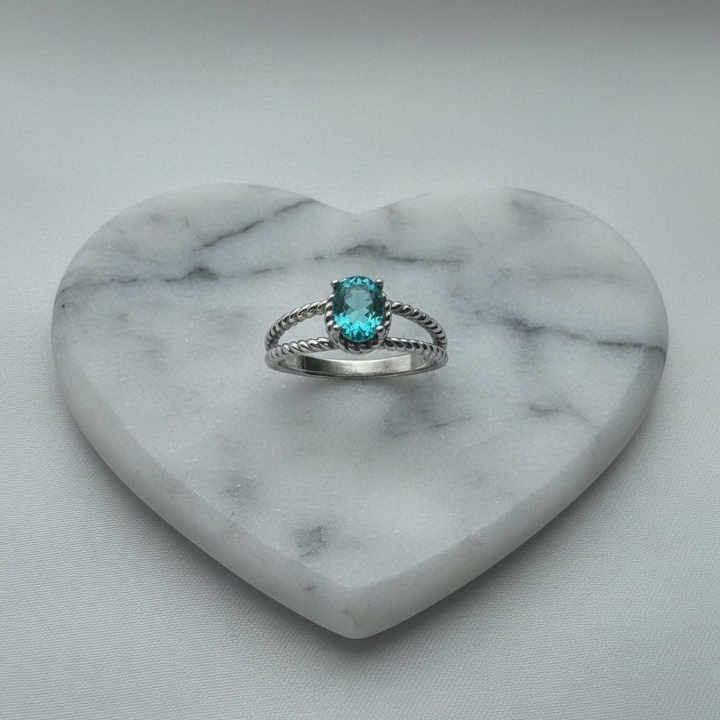 Anillo Solitario Aguamarina Oval Banda Dividida Trenzada Cuerda Talla 8