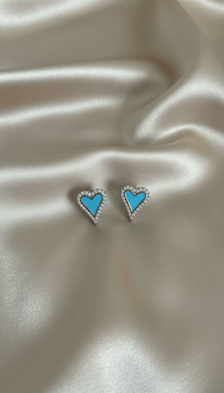 Aretes Topo Corazón Turquesa con Halo de Zirconias
