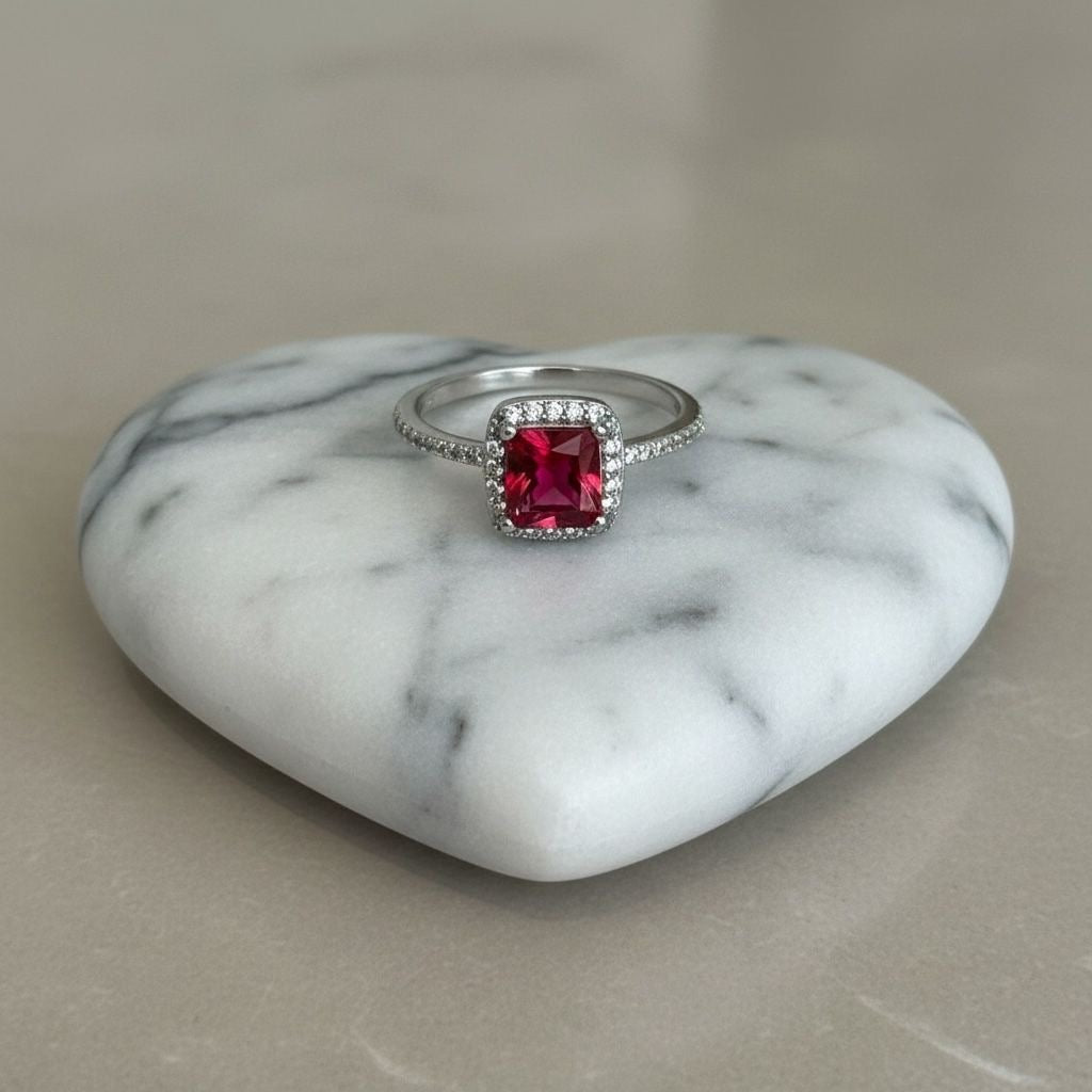 Anillo Solitario Rubí Rojo Cushón Halo Cuadrado Pavé Banda Fina Talla 8