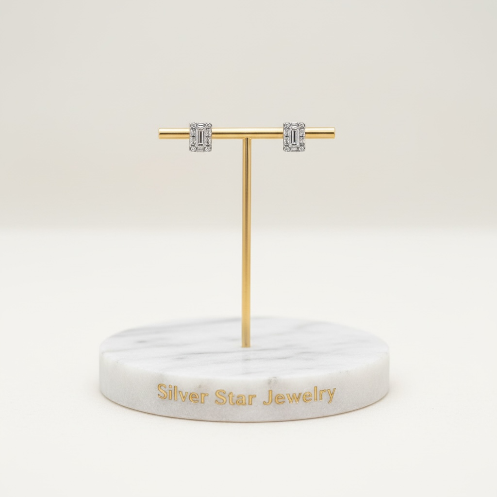 Aretes Topo Rectángulo Baguette con Halo de Zirconias