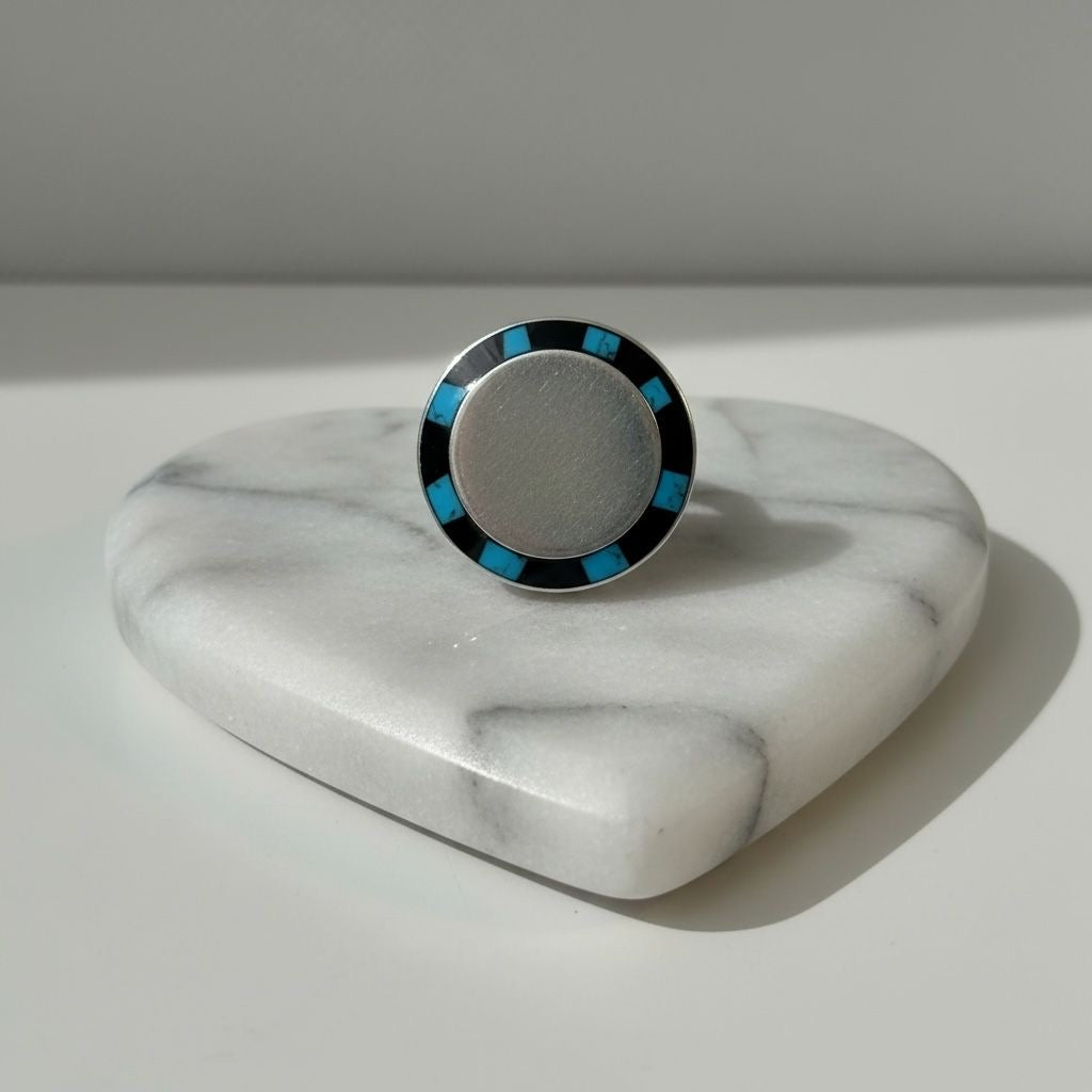 Anillo Disco Circular Turquesa Esmalte Negro Damaéro Talla 7