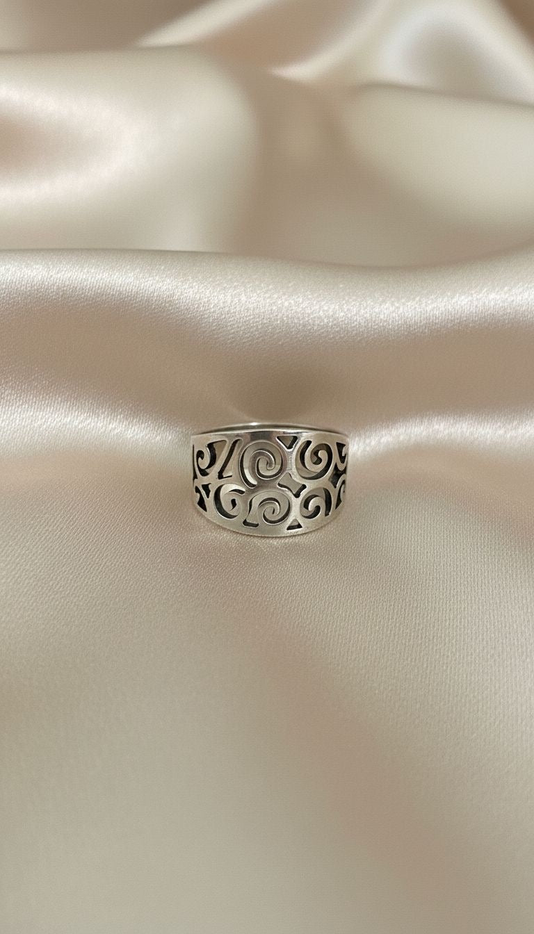 Anillo Banda Ancha Calada Espirales Arabescos Vintage Boho Talla 8