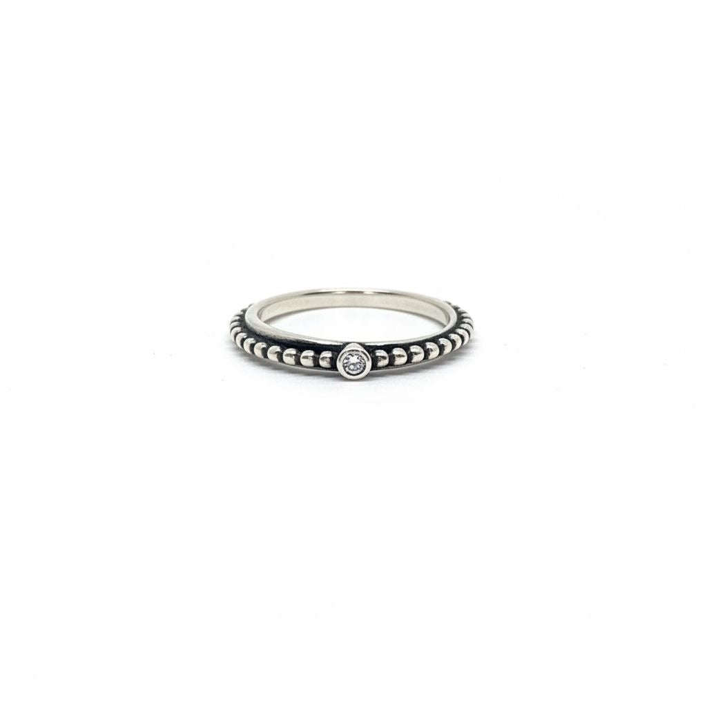 Anillo Solitario Bisel Banda Bolitas Oxidada Talla 7