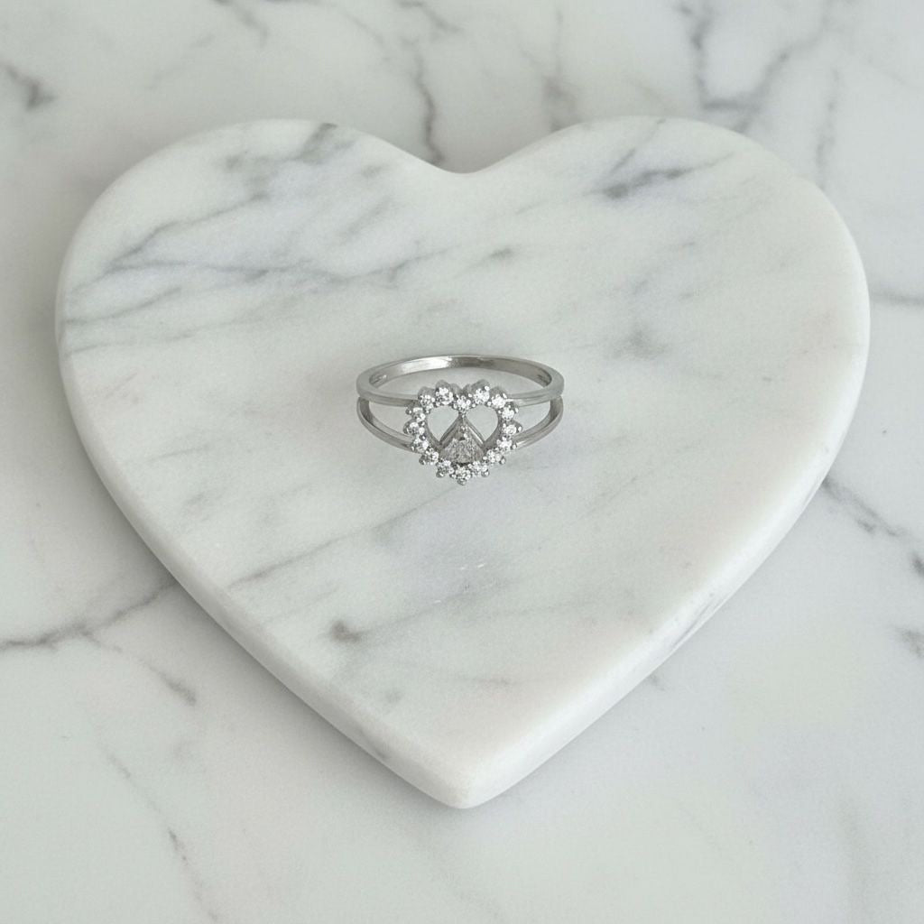Anillo Corazón Calado Halo Zirconias Banda Doble Talla 7.5
