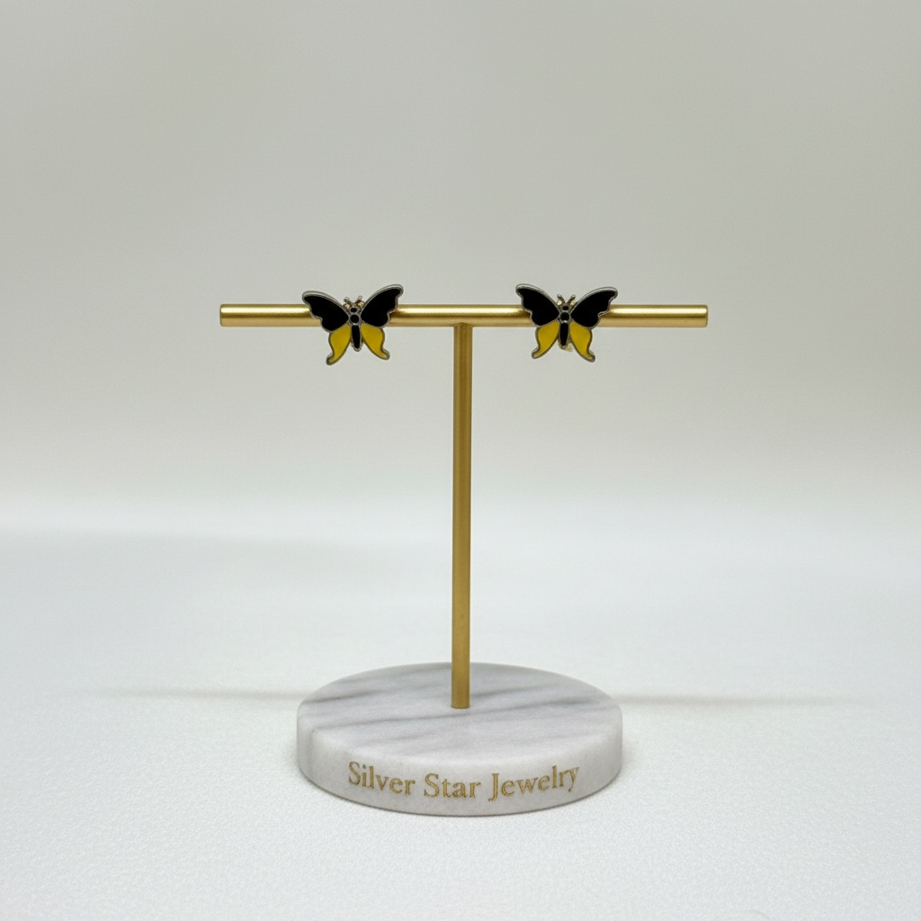 Aretes Topo Mariposa Esmalte Negro y Amarillo