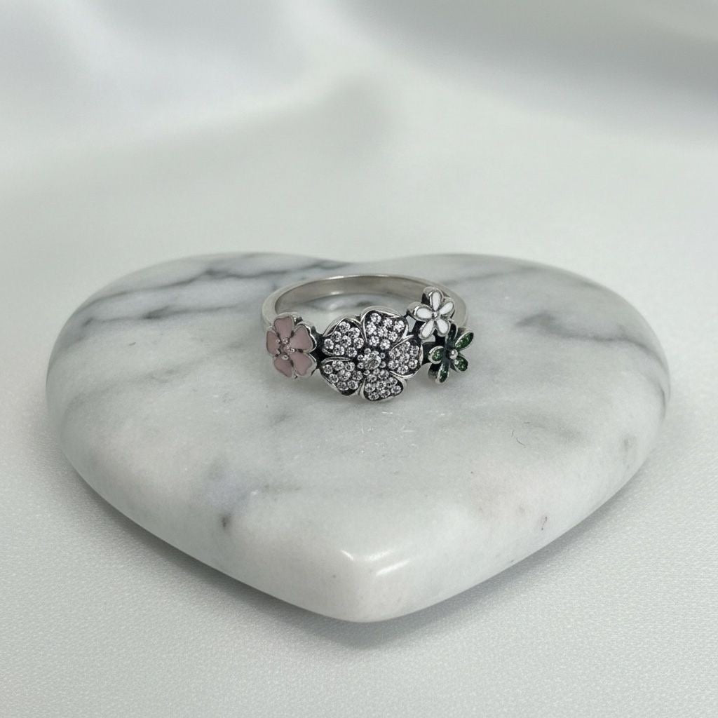 Anillo Ramo Flores Multicolor Esmalte Pavé Oxidado Talla 8