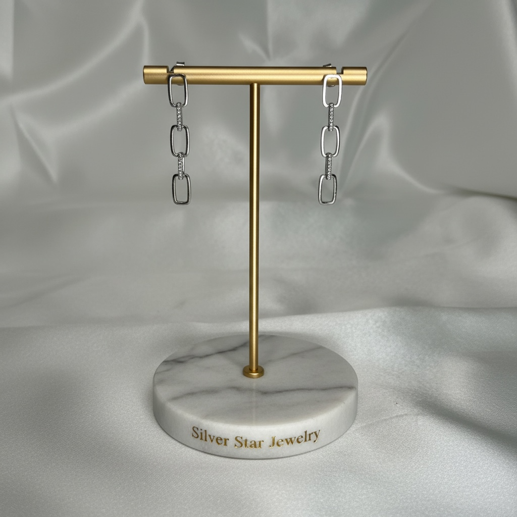 Aretes Colgantes Eslabones Rectangulares con Micro Cristales