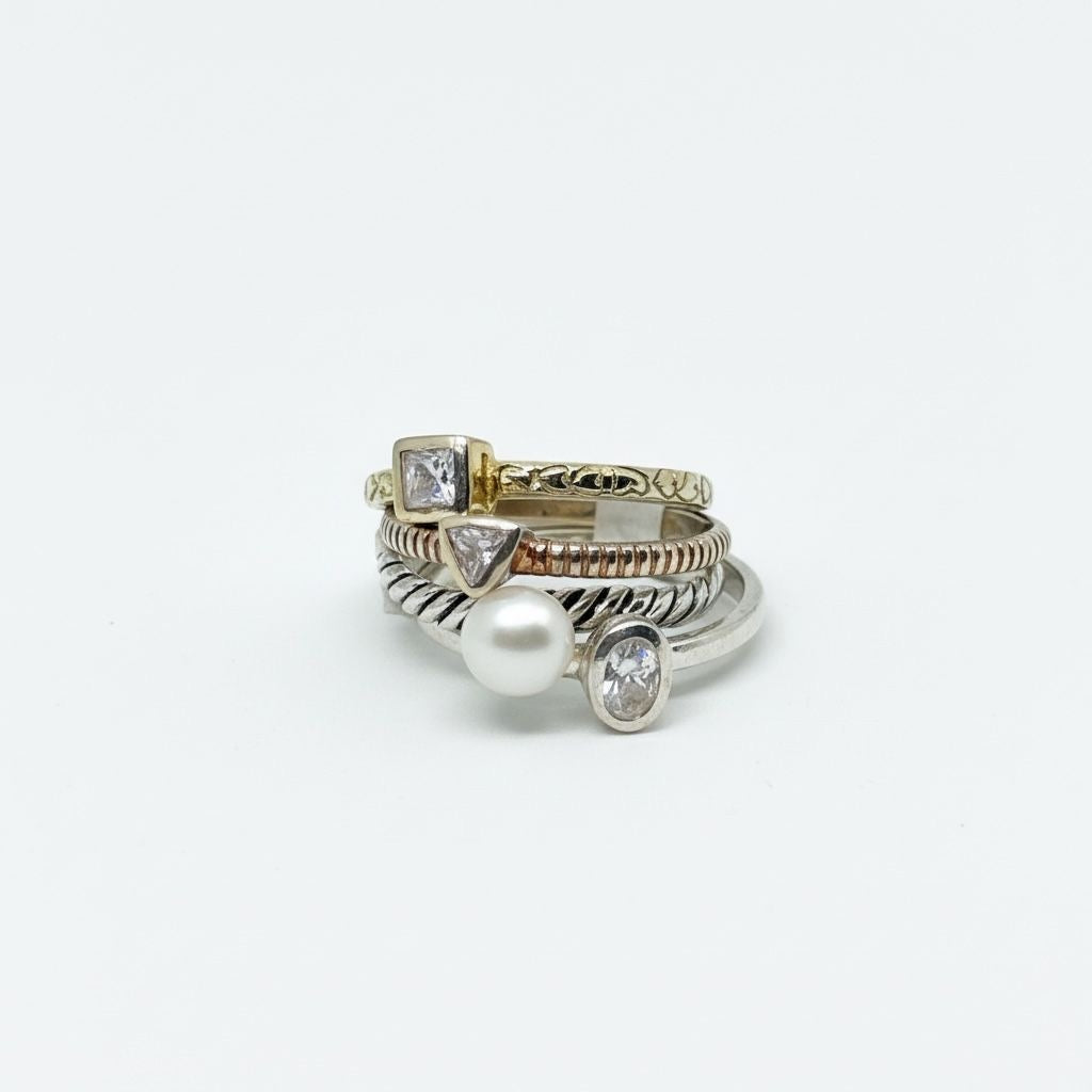 Set 4 Anillos Apilables Tricolor Perla Zirconias Talla 7