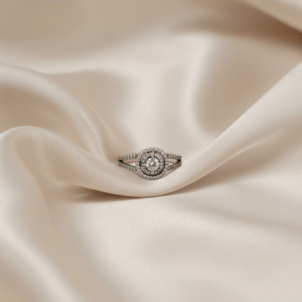 Anillo Solitario Doble Halo Redondo Banda Dividida Talla 7