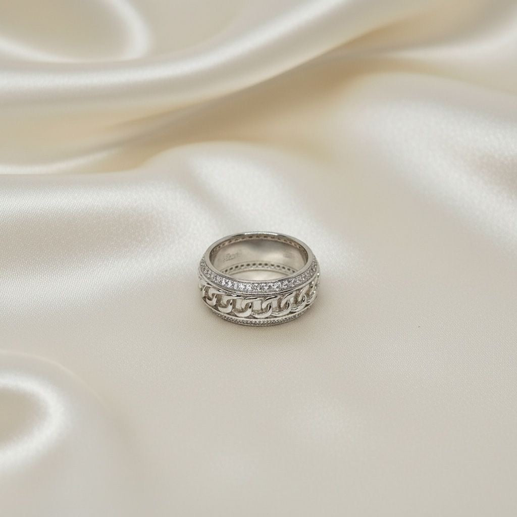 Anillo Banda Cadena Cubana Pavé Talla 7