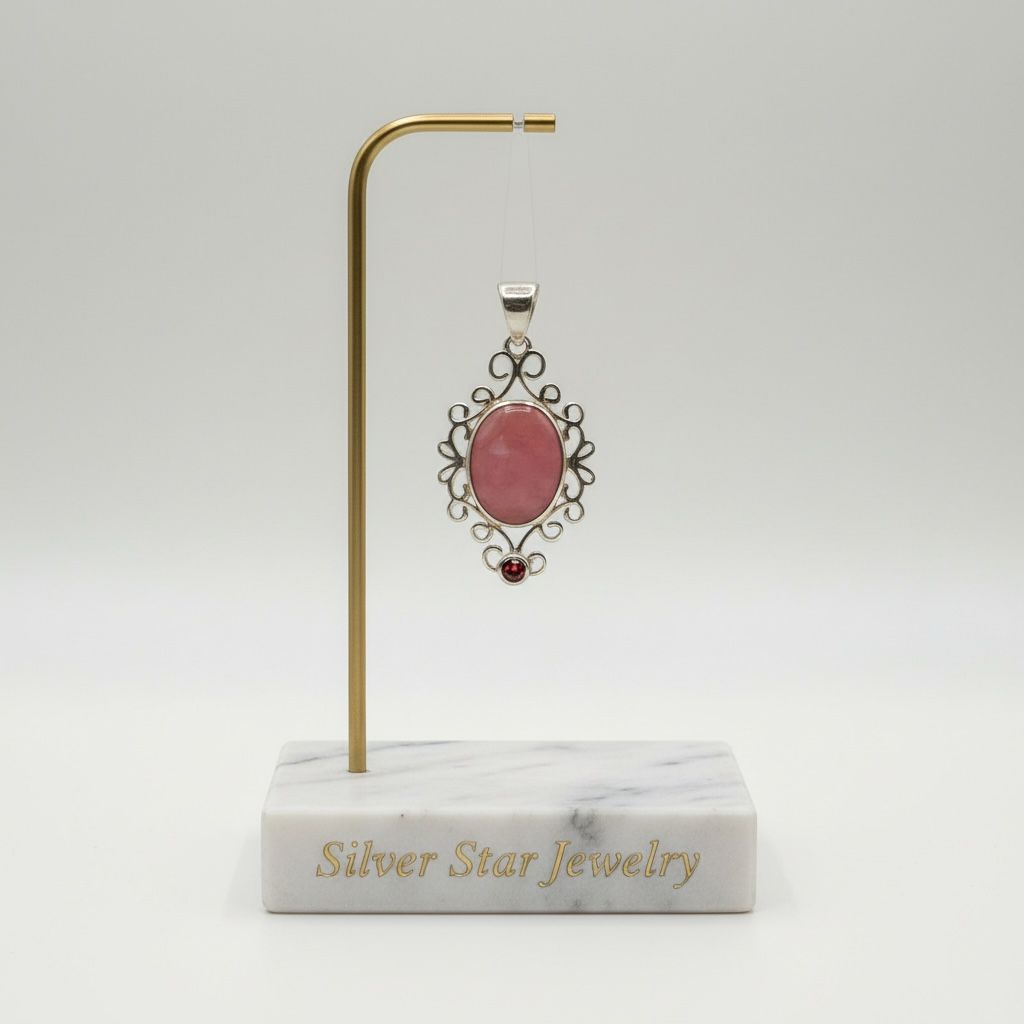 Dije Ovalado con Piedra Natural Rosa, Marco Filigrana y Granate